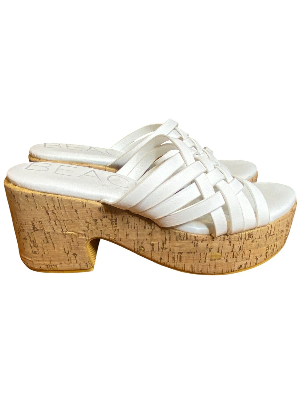 Beach Matisse white woven strap platform cork wedge slide sandals women’s Size 9